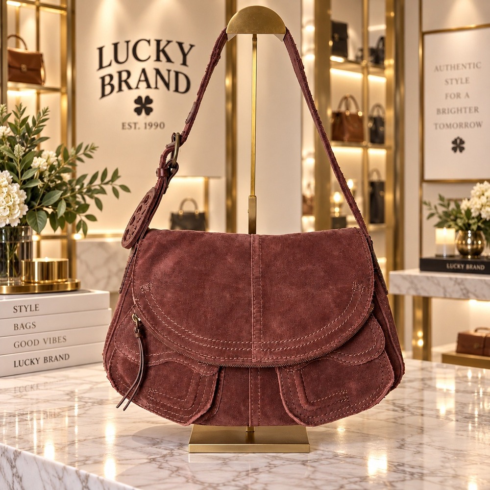 Lucky Brand Brown Suede Boho Shoulder Bag Flap Front Leather Trim